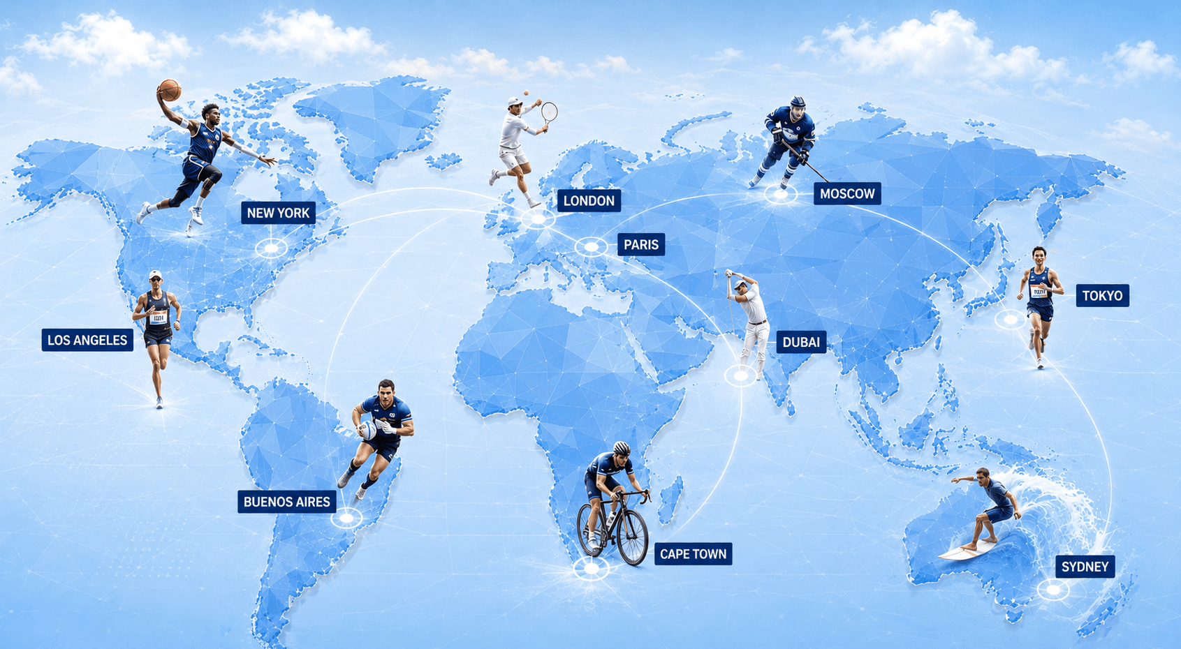 World map of sports events covered by the Bossfotos network, from Los Angeles to Sydney
