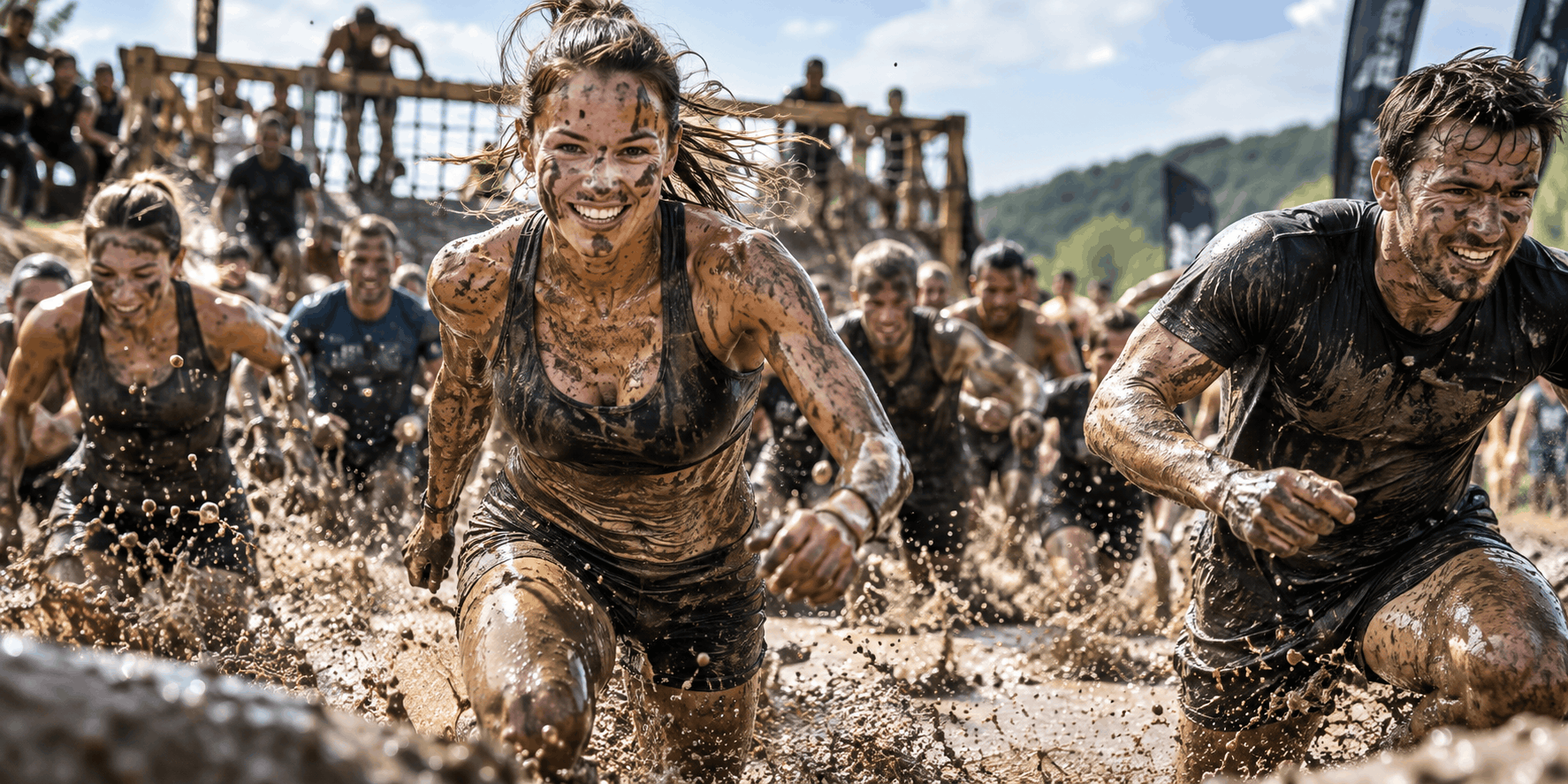 Competitors charging through the mud at an obstacle race