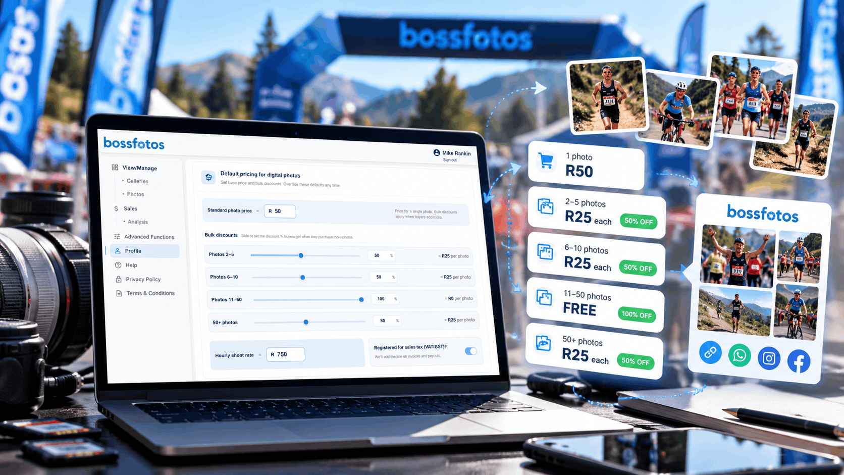 Setting default photo prices and multi-buy discounts in the Bossfotos console